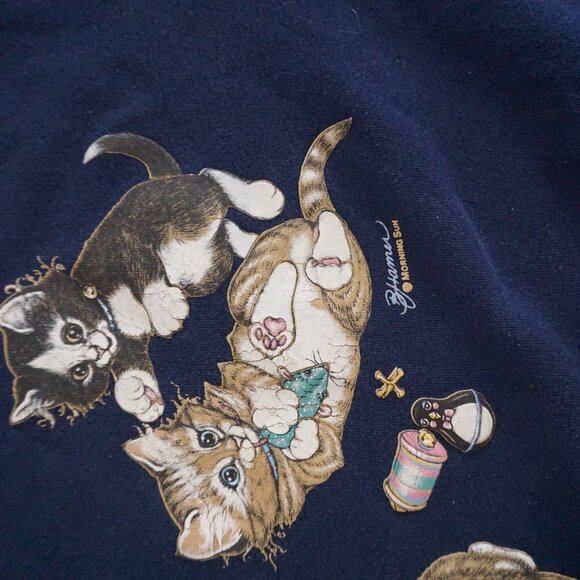 VTG Morning Sun Vintage Cat Sweatshirt Navy Blue Pink Collar 90s Grandma Cozy L - Picture 9 of 10